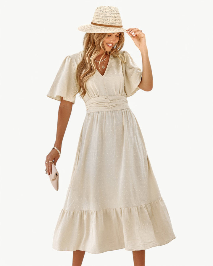 Renée | V-neck calf-length dress with short sleeves – Light and stylish