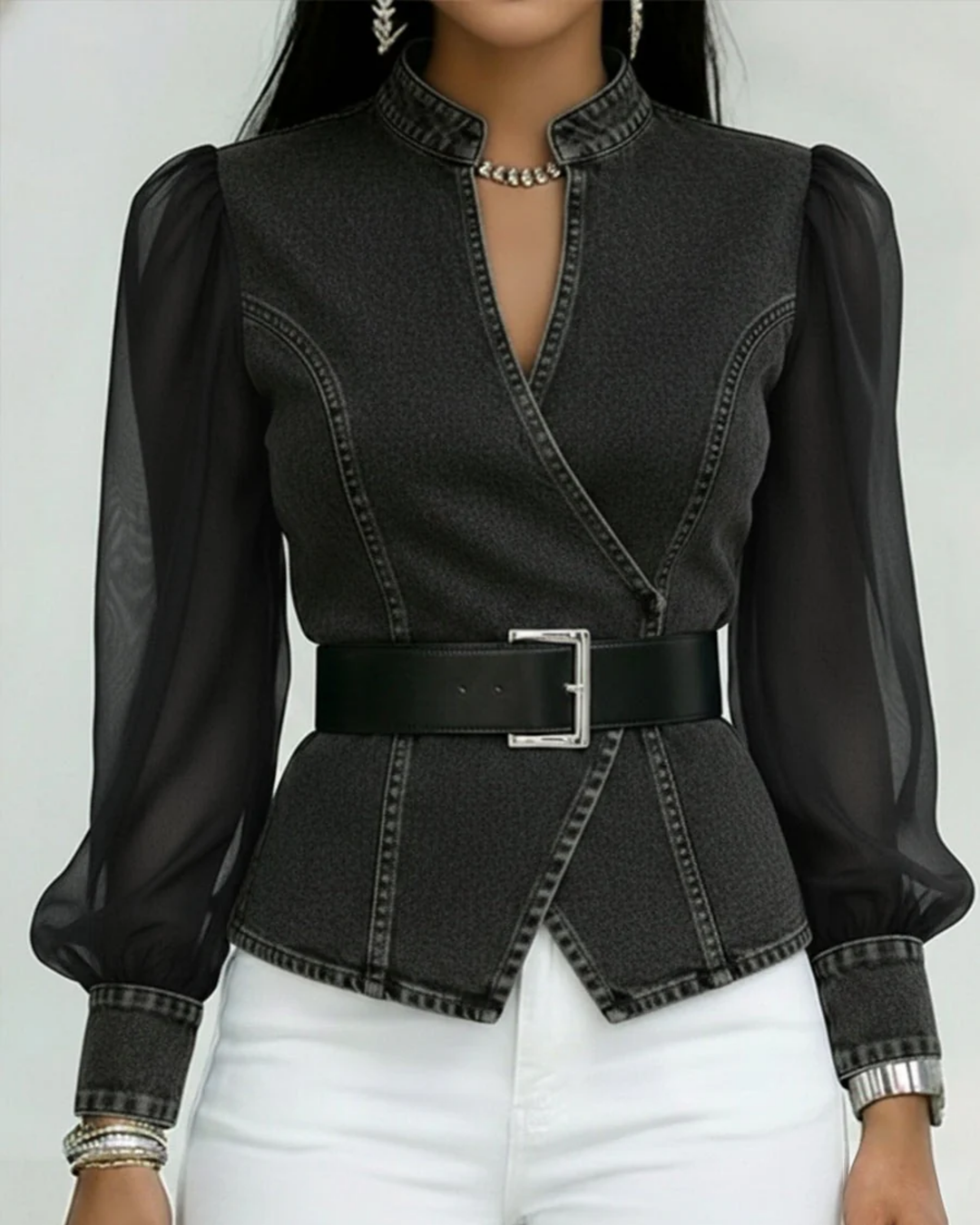 Vessa™ | Denim Top With Chiffon Sleeves