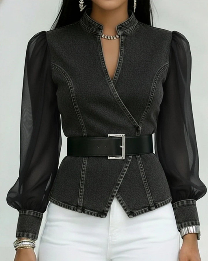 Vessa™ | Denim Top With Chiffon Sleeves
