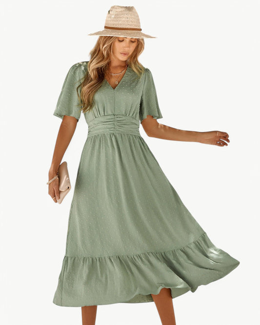 Renée | V-neck calf-length dress with short sleeves – Light and stylish