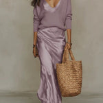 Elena™ | Midi Satin Dress And Sweater