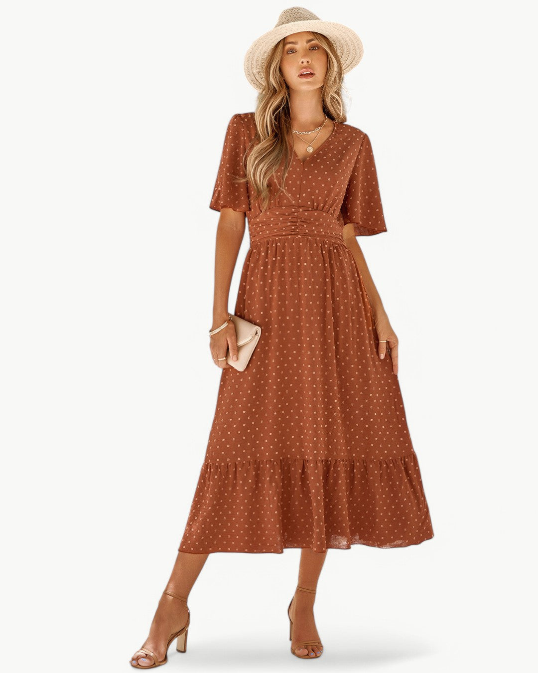 Renée | V-neck calf-length dress with short sleeves – Light and stylish