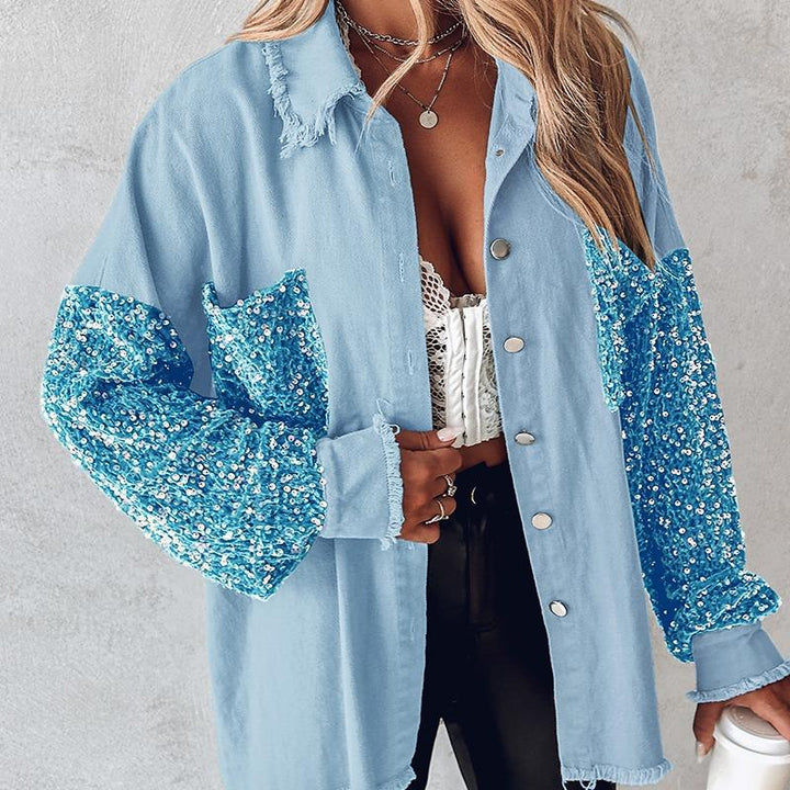 NENITA™ - Chic Oversized Sequin Hem Collared Button Down Jacket