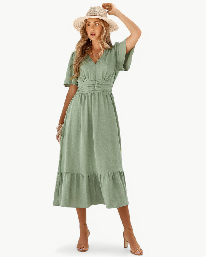 Renée | V-neck calf-length dress with short sleeves – Light and stylish