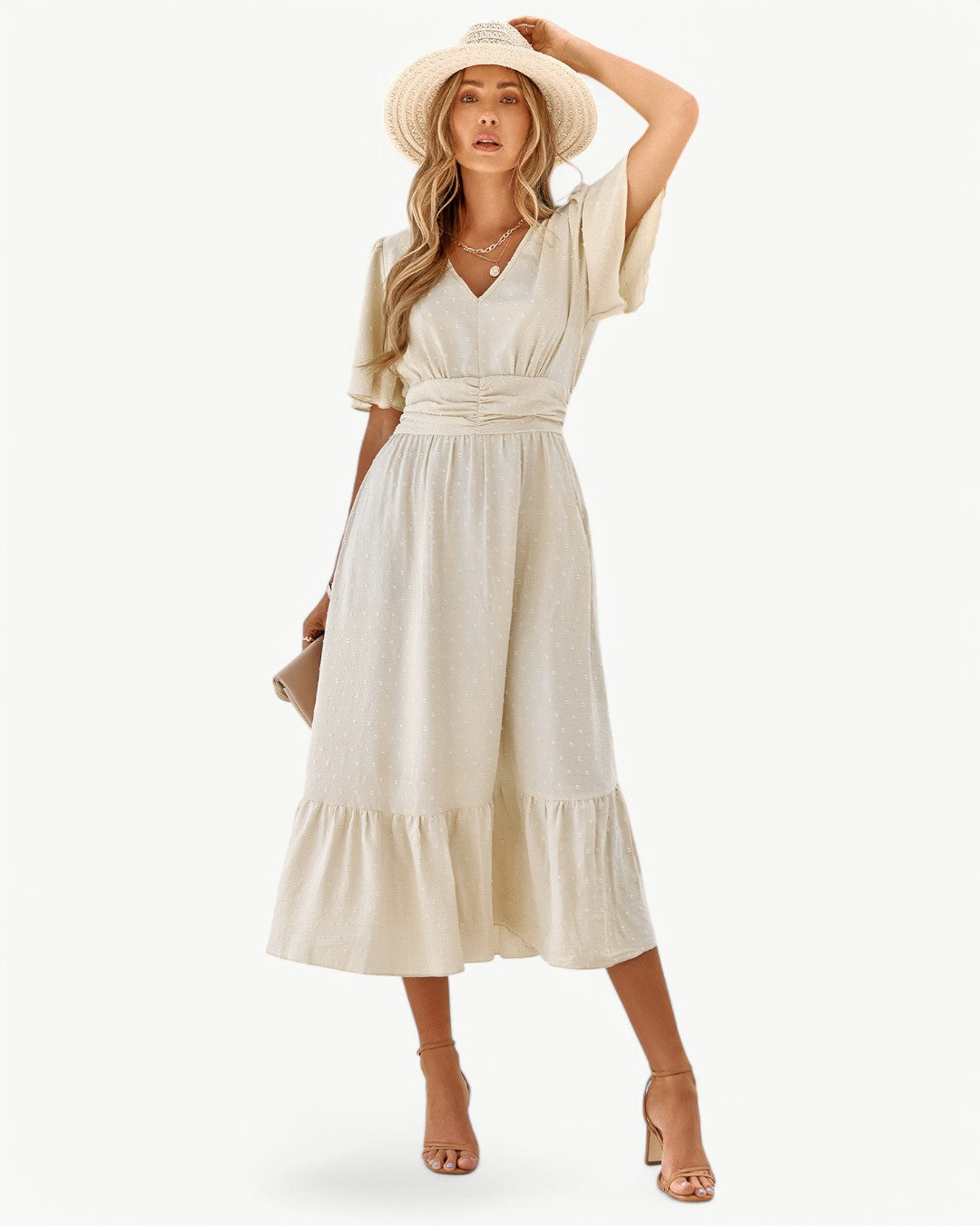 Renée | V-neck calf-length dress with short sleeves – Light and stylish