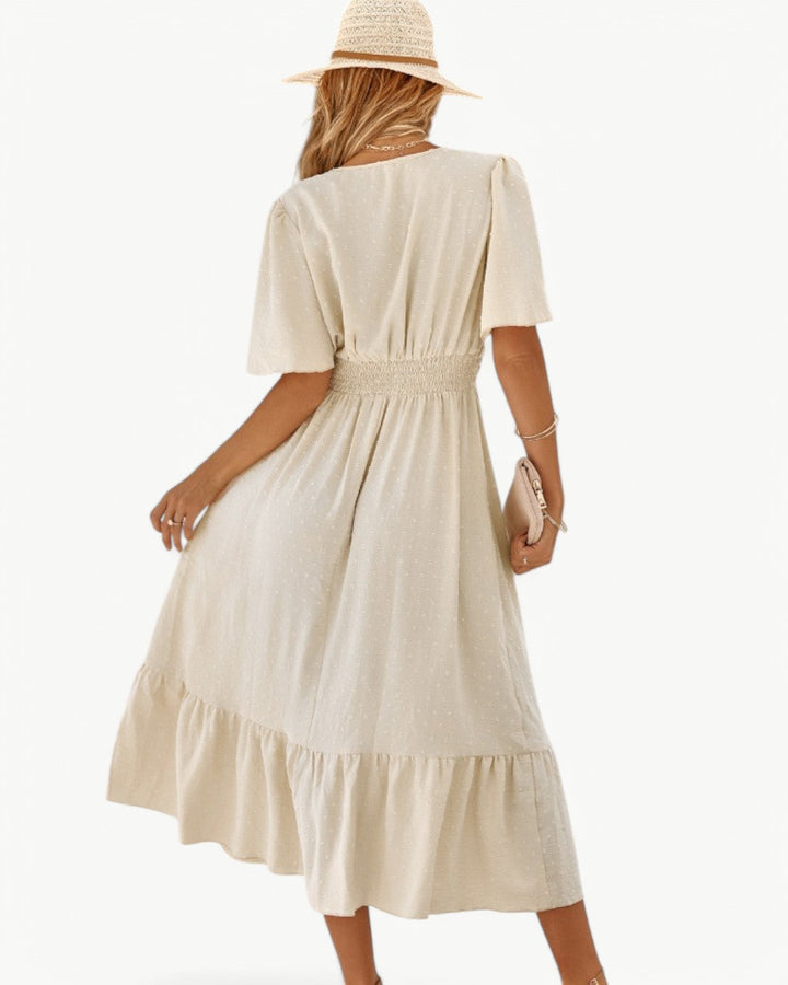 Renée | V-neck calf-length dress with short sleeves – Light and stylish